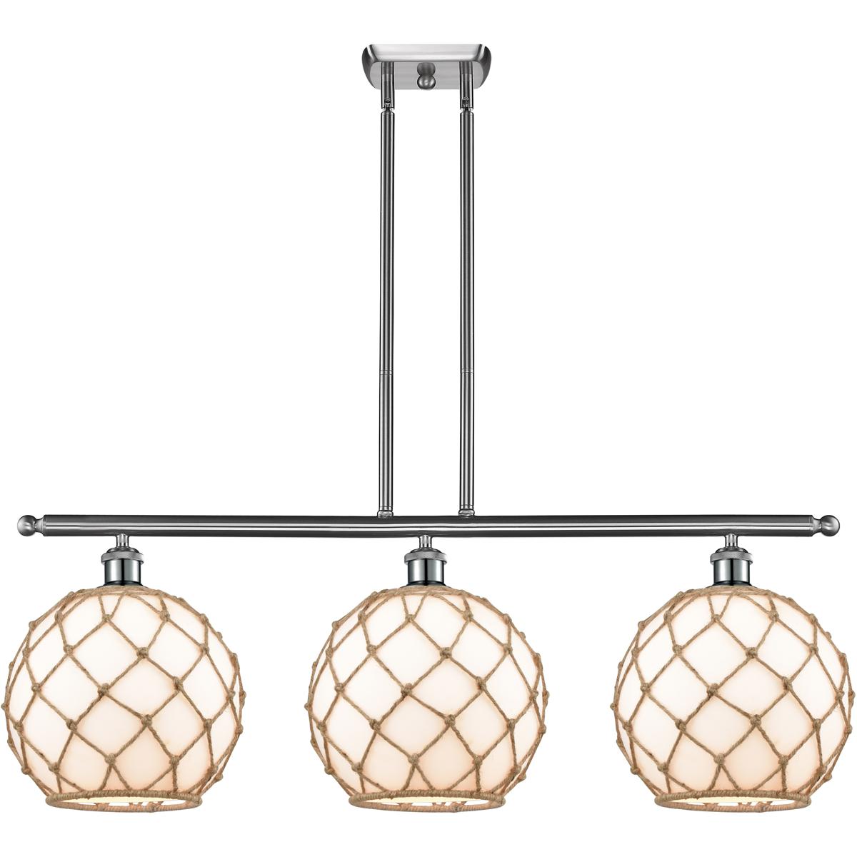 Innovations Lighting 516-3I-SN-G121-10RB Ballston Farmhouse Rope Island Light Ceiling Light in Brushed Satin Nickel, White Glass with Brown Rope, Ball