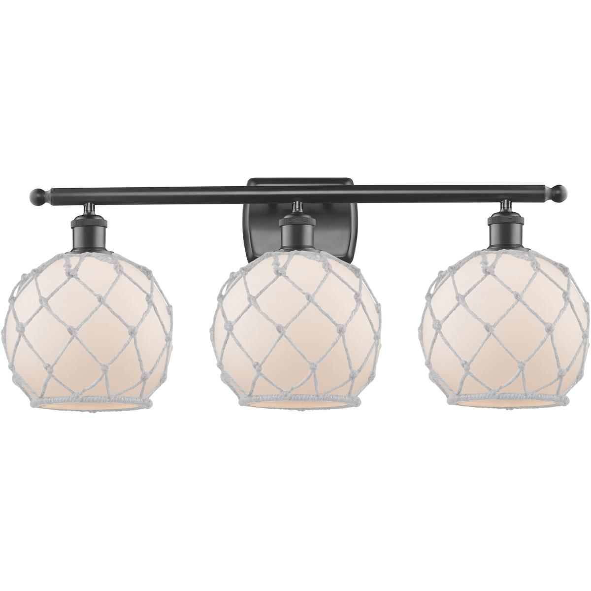 Innovations Lighting 516-3W-BK-G121-8RW-LED Ballston Farmhouse Rope LED 26 inch Matte Black Bath Vanity Light Wall Light in White Glass with White Rop