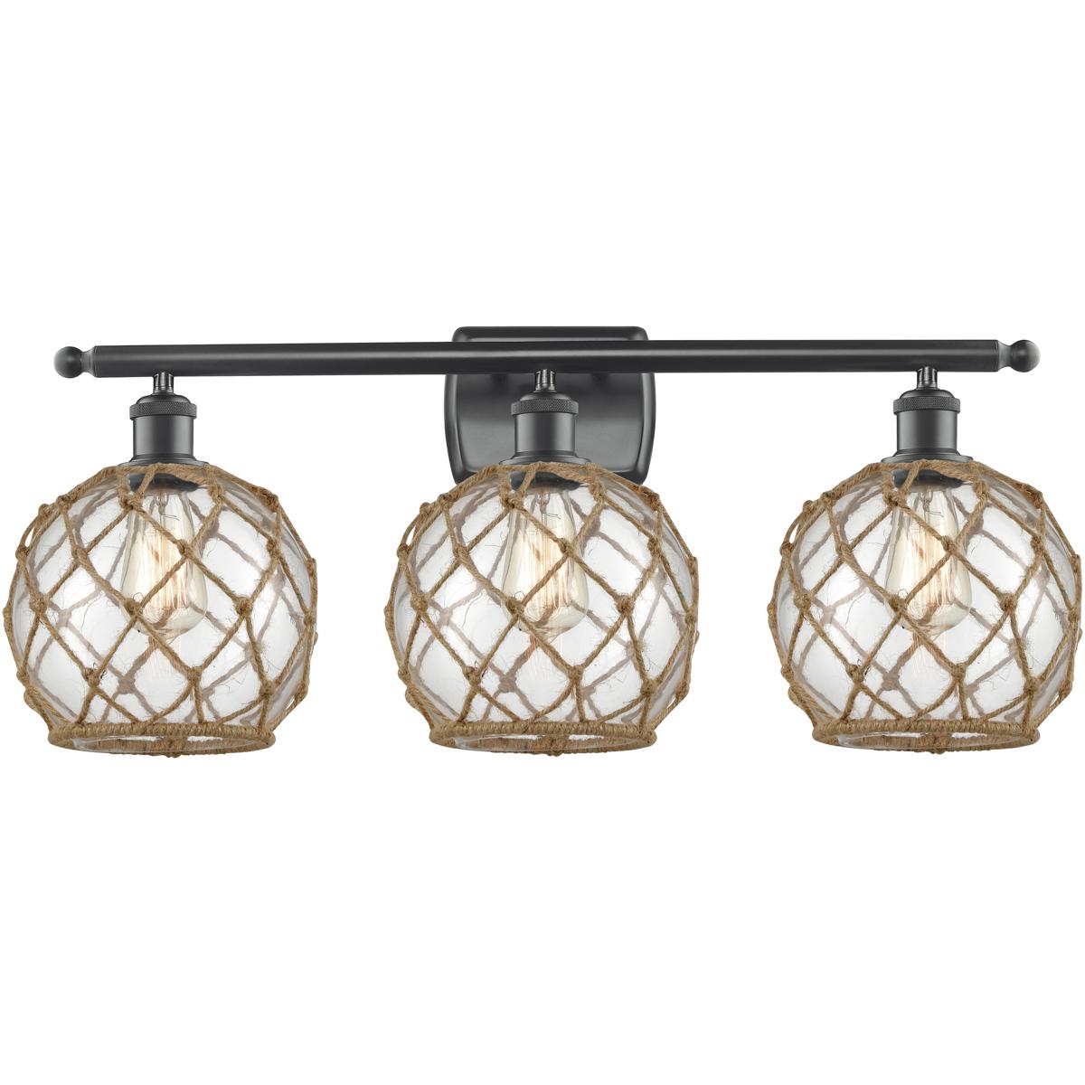 Innovations Lighting 516-3W-BK-G122-8RB-LED Ballston Farmhouse Rope LED 26 inch Matte Black Bath Vanity Light Wall Light in Clear Glass with Brown Rop