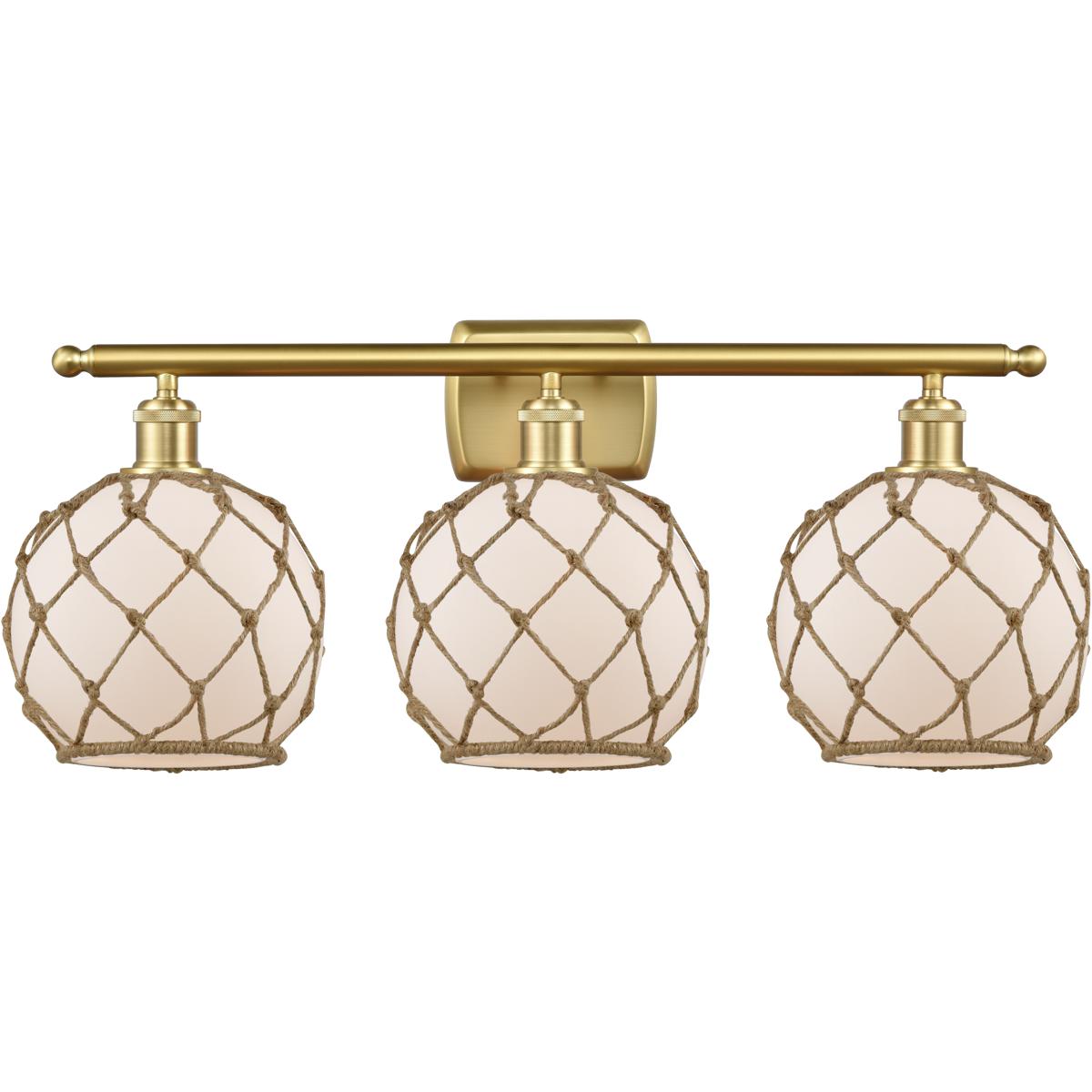Innovations Lighting 516-3W-SG-G121-8RB-LED Ballston Farmhouse Rope LED 26 inch Satin Gold Bath Vanity Light Wall Light in White Glass with Brown Rope
