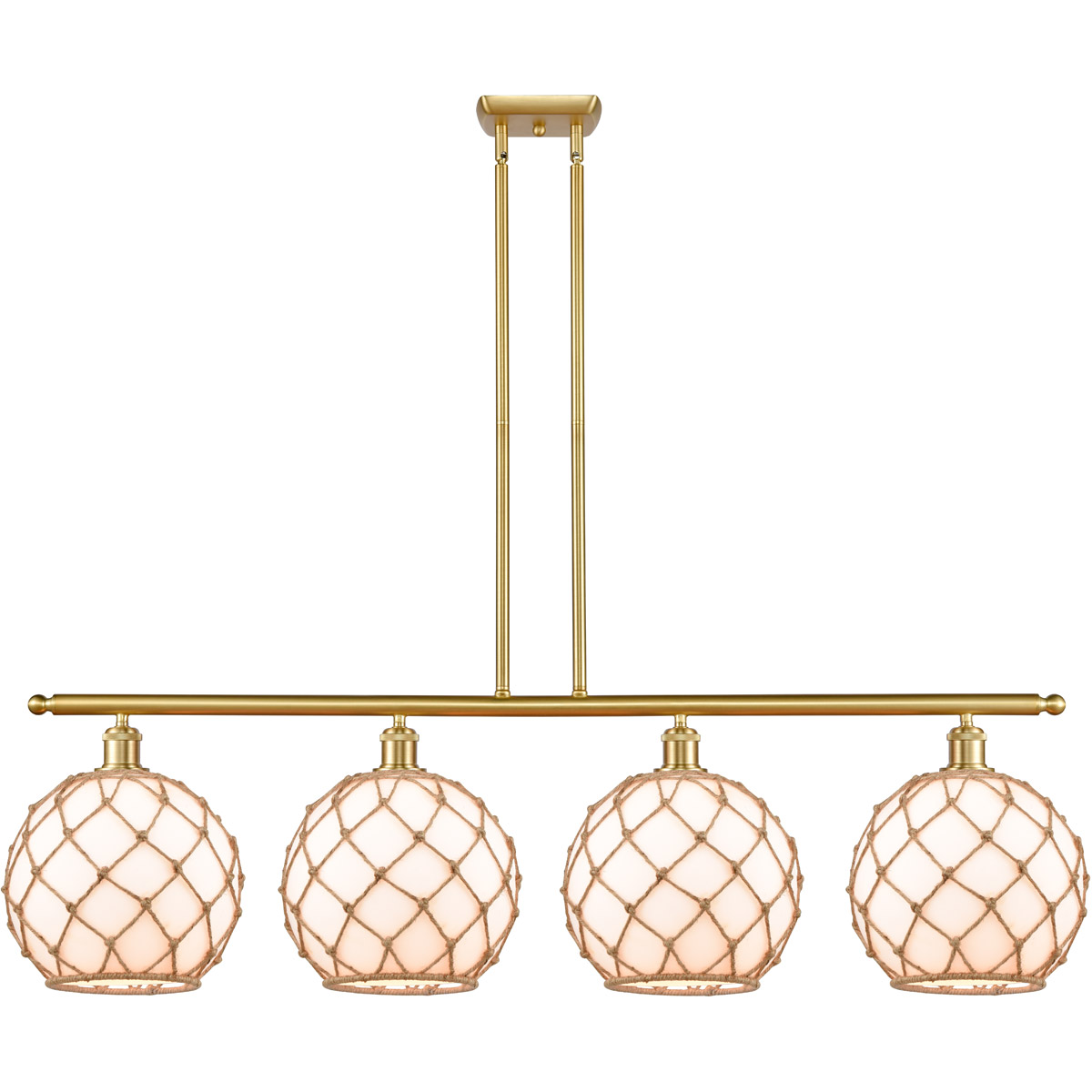 Innovations Lighting 516-4I-SG-G121-10RB-LED Ballston Large Farmhouse Rope LED 48 inch Satin Gold Island Light Ceiling Light in White Glass with Brown