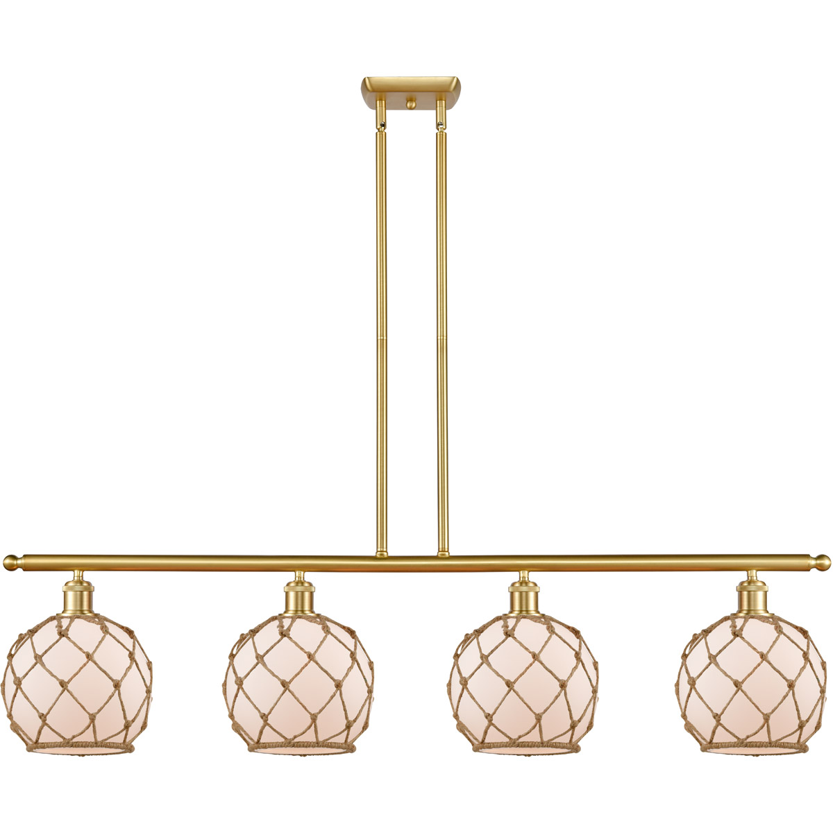 Innovations Lighting 516-4I-SG-G121-8RB-LED Ballston Farmhouse Rope LED 48 inch Satin Gold Island Light Ceiling Light in White Glass with Brown Rope,