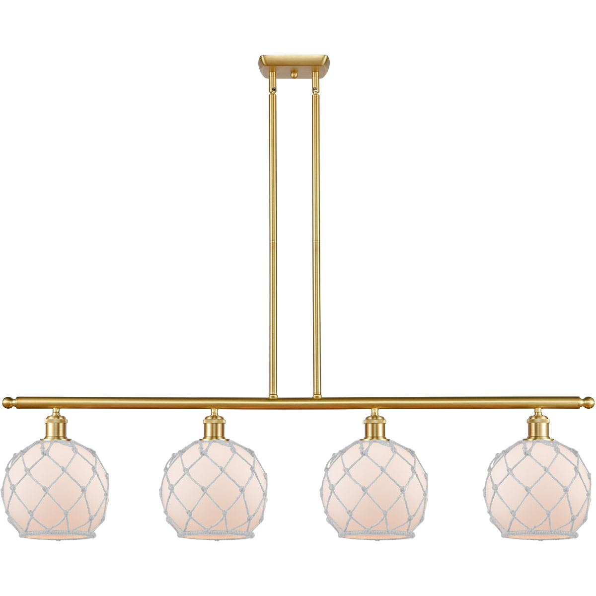 Innovations Lighting 516-4I-SG-G121-8RW-LED Ballston Farmhouse Rope LED 48 inch Satin Gold Island Light Ceiling Light in White Glass with White Rope,