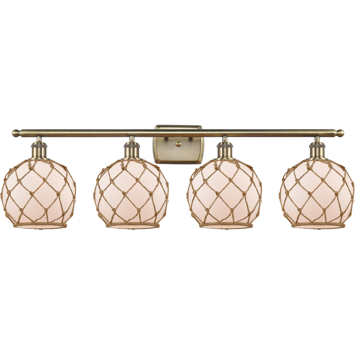 Innovations Lighting 516-4W-AB-G121-8RB-LED Ballston Farmhouse Rope LED 36 inch Antique Brass Bath Vanity Light Wall Light in White Glass with Brown R