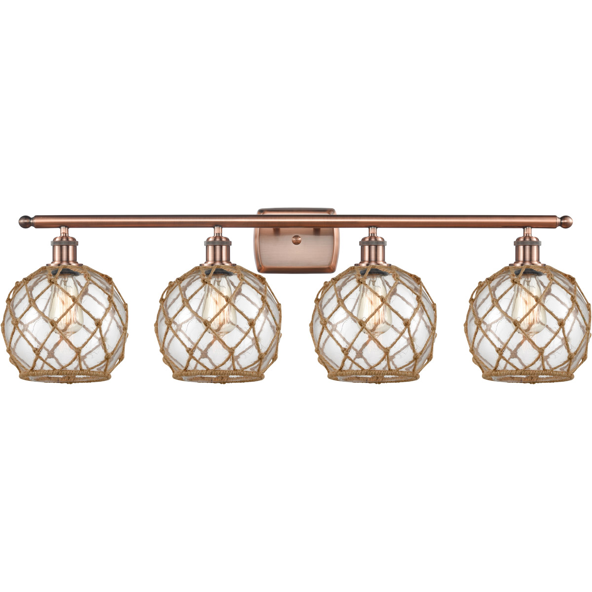 Innovations Lighting 516-4W-AC-G122-8RB-LED Ballston Farmhouse Rope LED 36 inch Antique Copper Bath Vanity Light Wall Light in Clear Glass with Brown