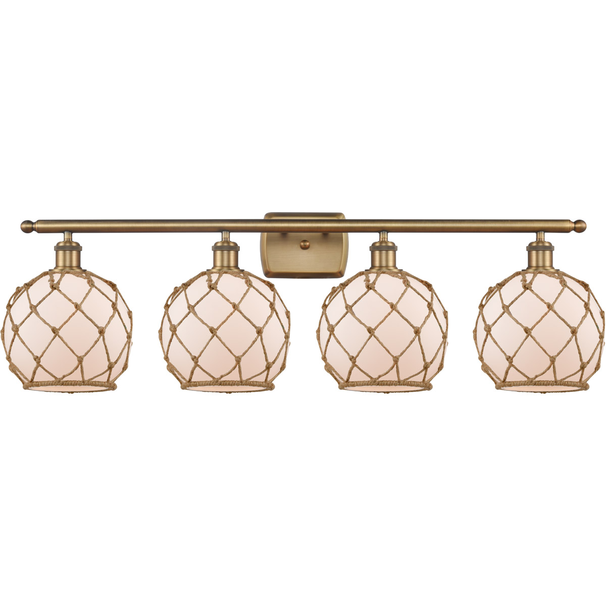 Innovations Lighting 516-4W-BB-G121-8RB-LED Ballston Farmhouse Rope LED 36 inch Brushed Brass Bath Vanity Light Wall Light in White Glass with Brown R