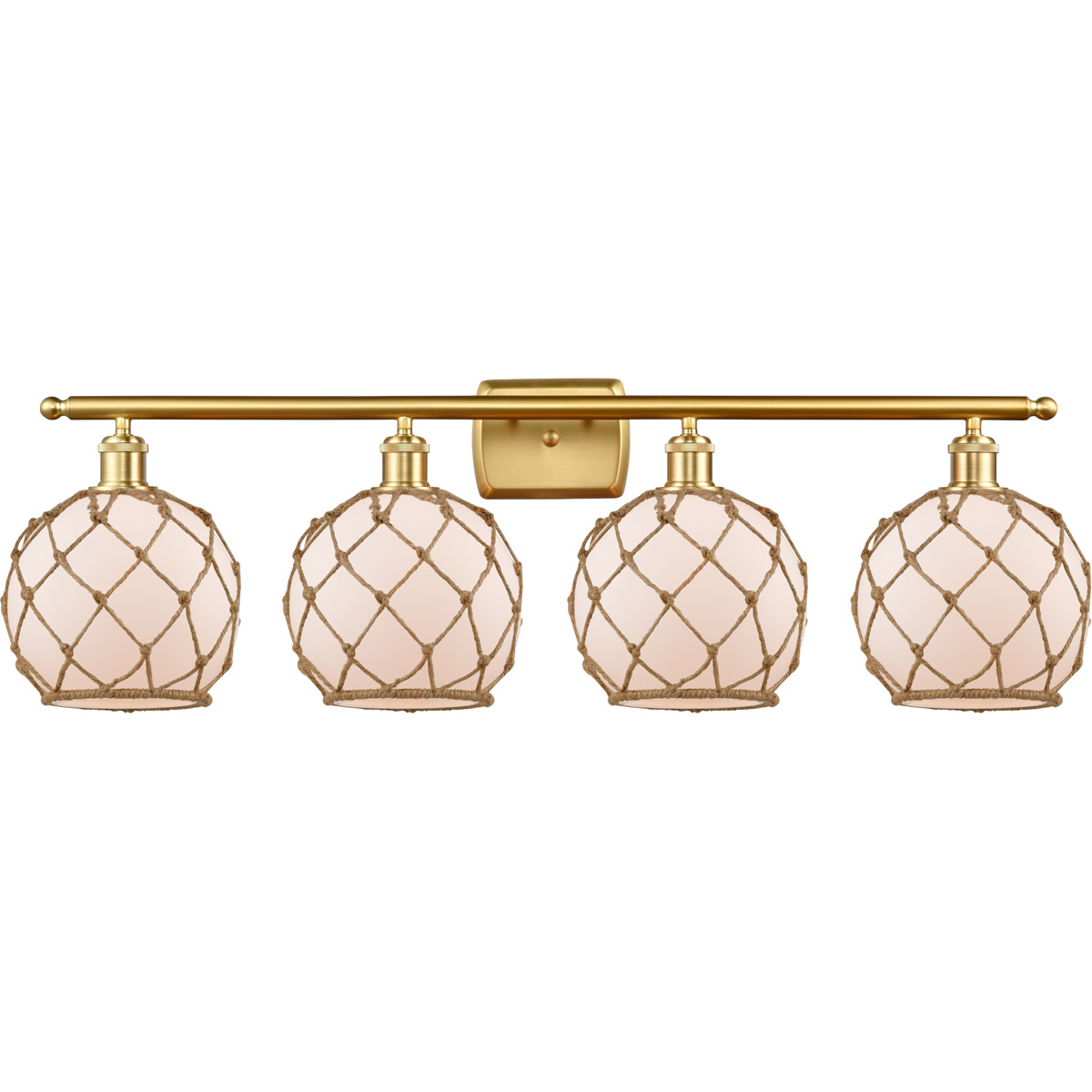 Innovations Lighting 516-4W-SG-G121-8RB-LED Ballston Farmhouse Rope LED 36 inch Satin Gold Bath Vanity Light Wall Light in White Glass with Brown Rope