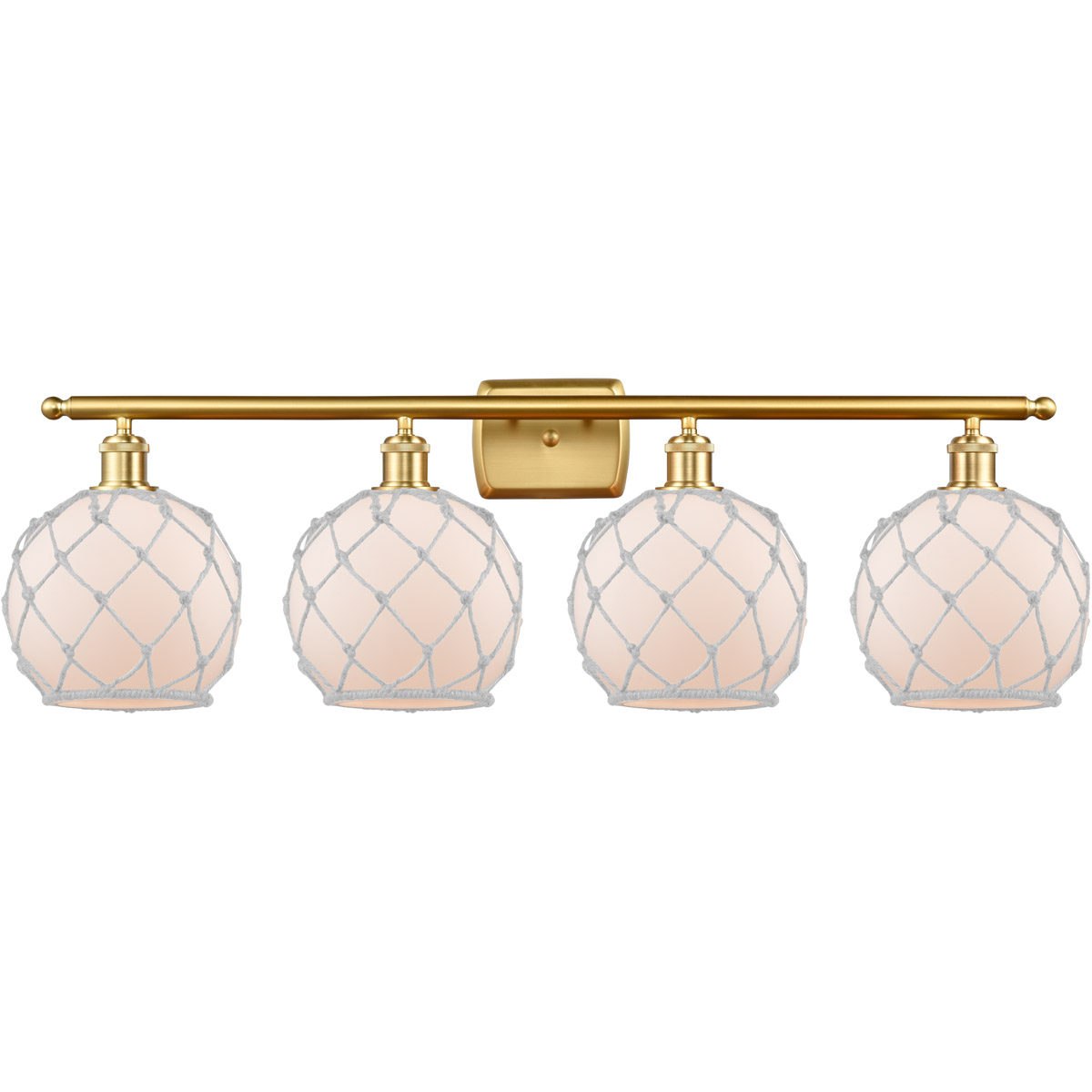 Innovations Lighting 516-4W-SG-G121-8RW-LED Ballston Farmhouse Rope LED 36 inch Satin Gold Bath Vanity Light Wall Light in White Glass with White Rope