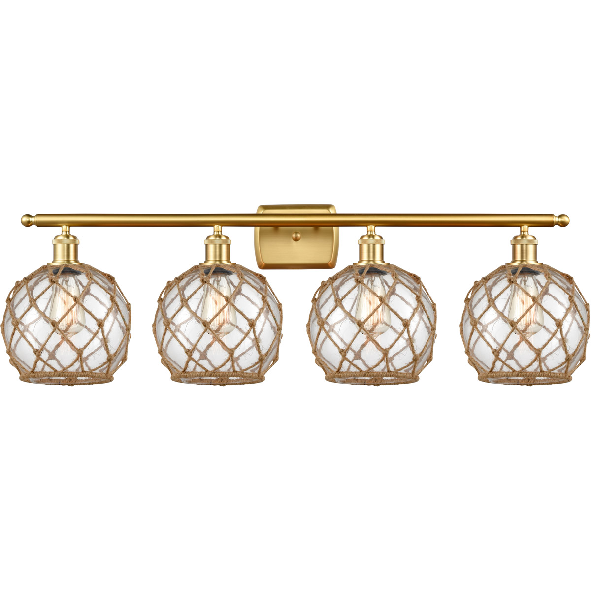 Innovations Lighting 516-4W-SG-G122-8RB-LED Ballston Farmhouse Rope LED 36 inch Satin Gold Bath Vanity Light Wall Light in Clear Glass with Brown Rope