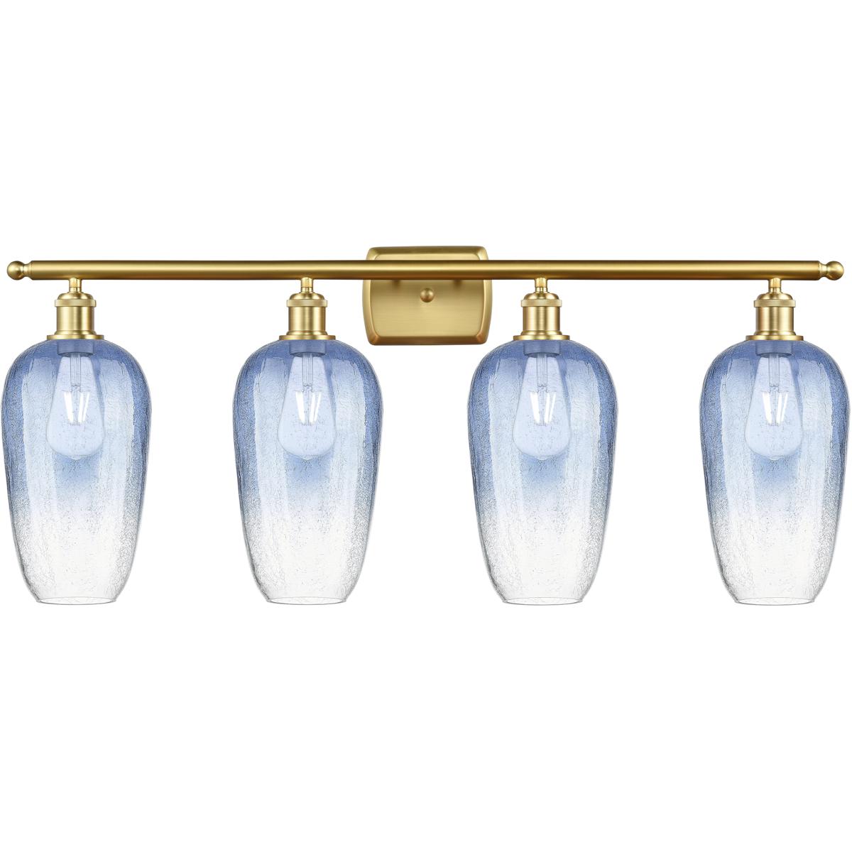 Innovations Lighting 516-4W-SG-G484-7SB Ballston Brookhaven Flute 4 Light 37 inch Satin Gold Bath Vanity Light Wall Light in Sapphire Blue Glass