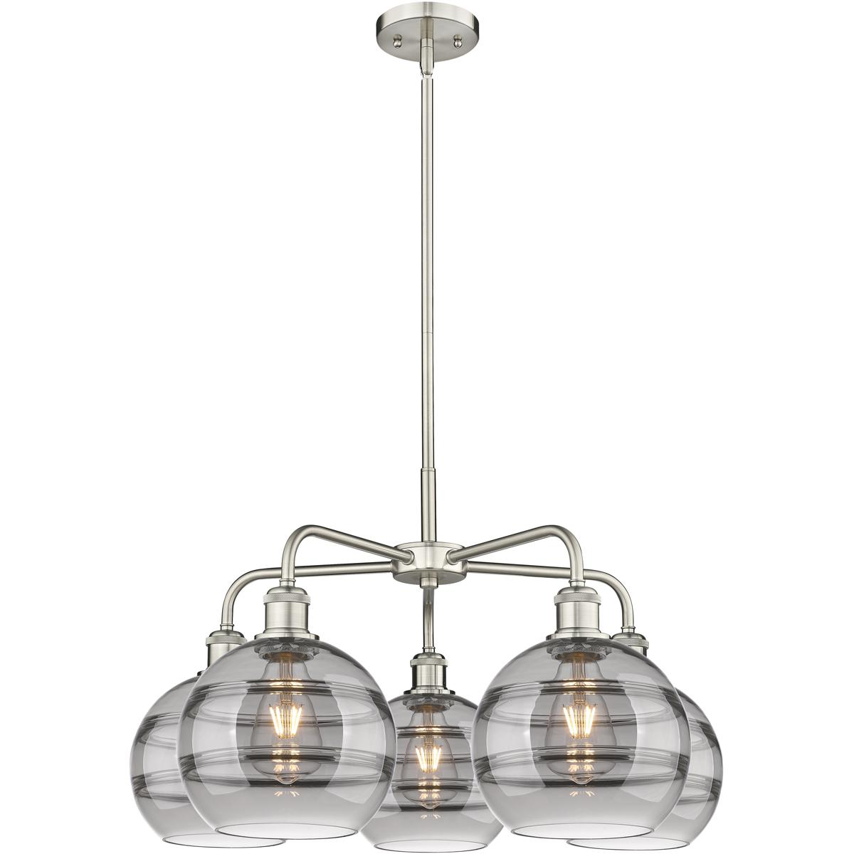 Innovations Lighting 516-5CR-SN-G556-8SM Ballston Rochester 5 Light 26 inch Satin Nickel Stem Hung Chandelier Ceiling Light in Light Smoke Glass