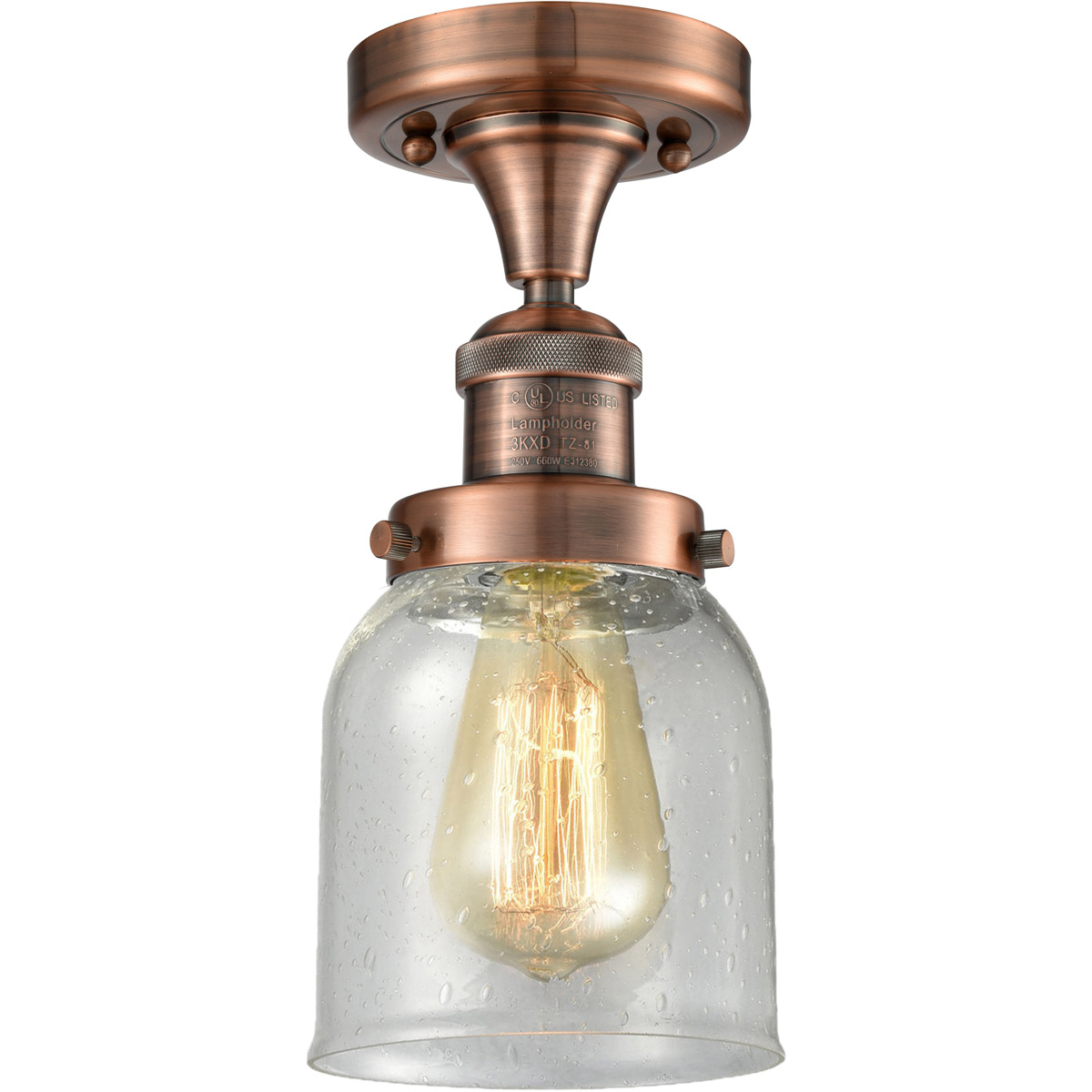 Innovations Lighting 517-1CH-AC-G54 Franklin Restoration Small Bell 1 Light 5 inch Antique Copper Semi-Flush Mount Ceiling Light in Seedy Glass, Frank