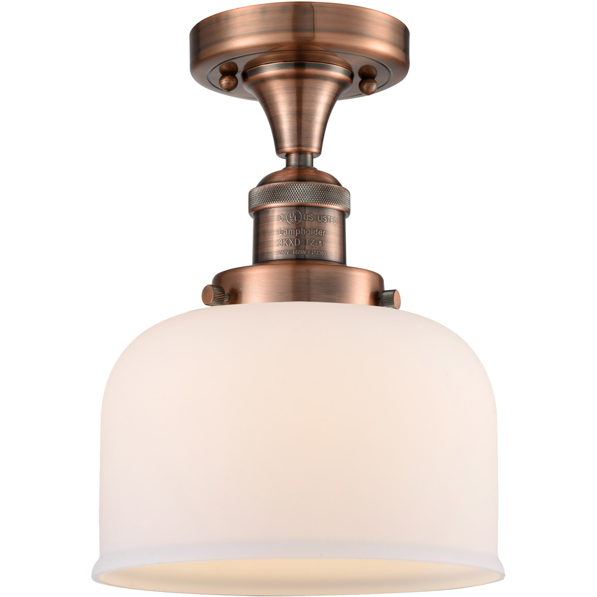 Innovations Lighting 517-1CH-AC-G71 Franklin Restoration Large Bell 1 Light 8 inch Antique Copper Semi-Flush Mount Ceiling Light in Matte White Glass,