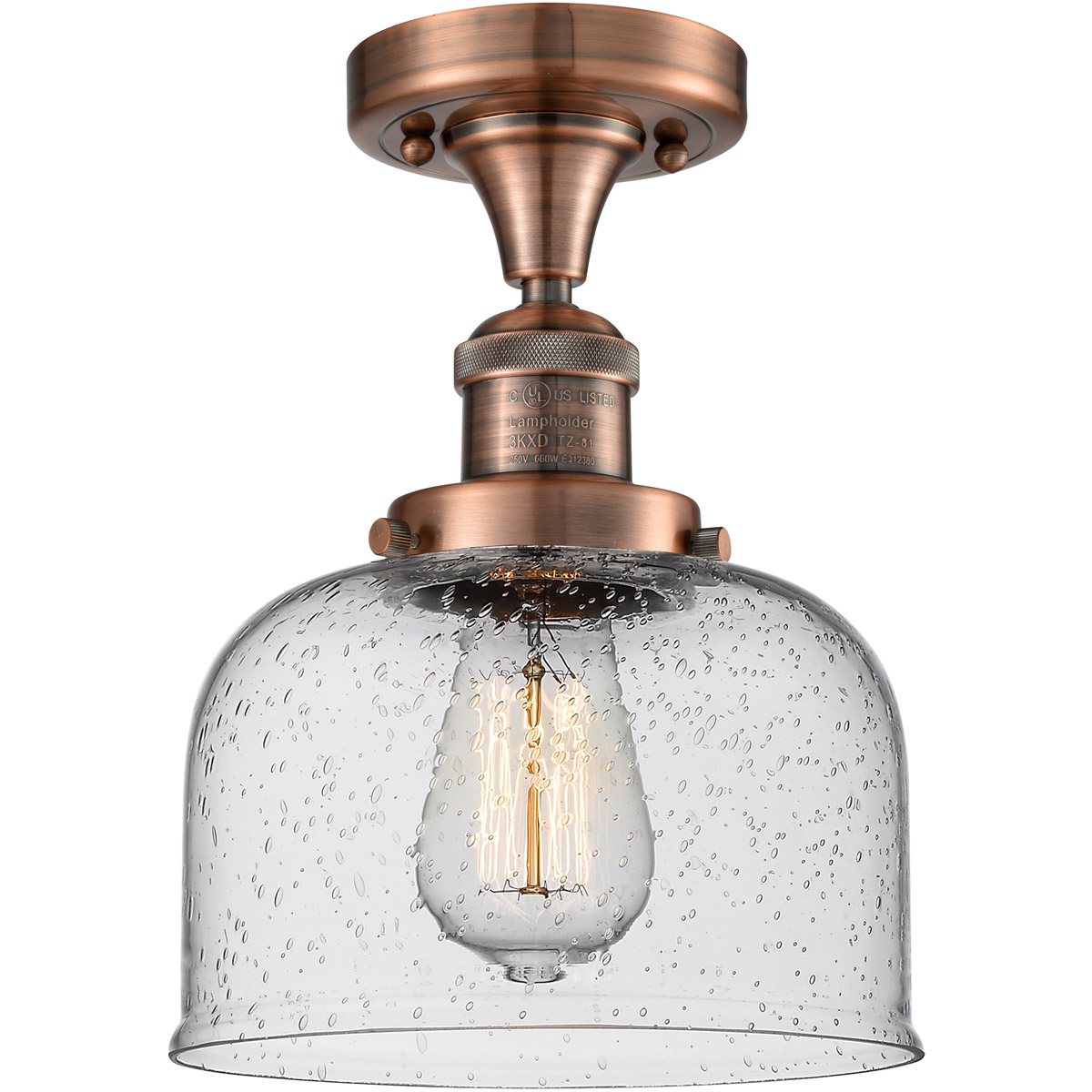 Innovations Lighting 517-1CH-AC-G74 Franklin Restoration Large Bell 1 Light 8 inch Antique Copper Semi-Flush Mount Ceiling Light in Seedy Glass, Frank