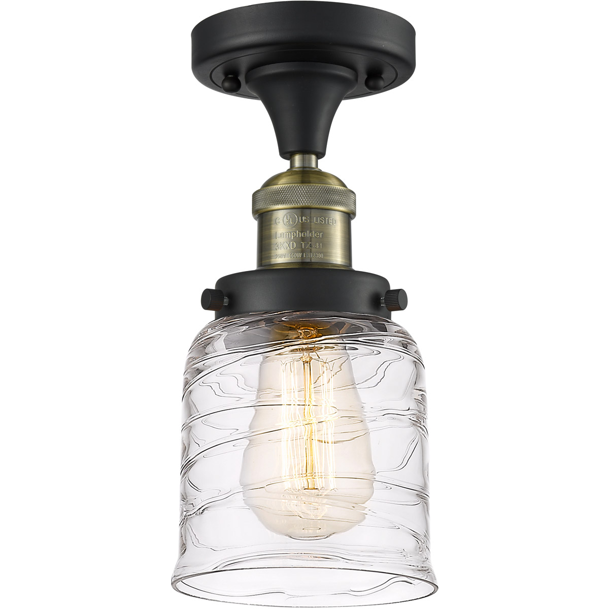 Innovations Lighting 517-1CH-BAB-G513-LED Franklin Restoration Bell LED 5 inch Black Antique Brass Semi-Flush Mount Ceiling Light in Deco Swirl Glass