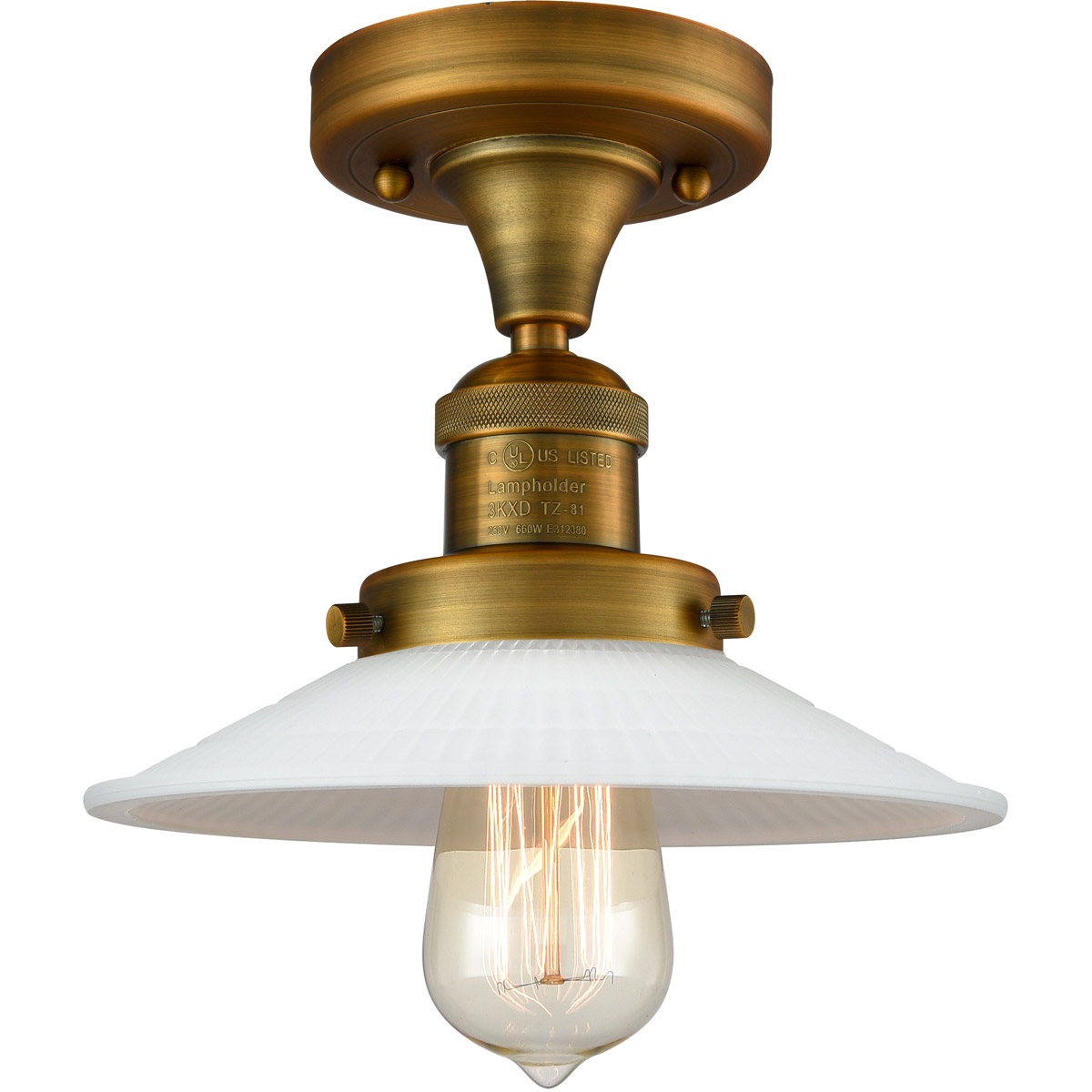 Innovations Lighting 517-1CH-BB-G1 Franklin Restoration Halophane 1 Light 9 inch Brushed Brass Semi-Flush Mount Ceiling Light in Matte White Halophane