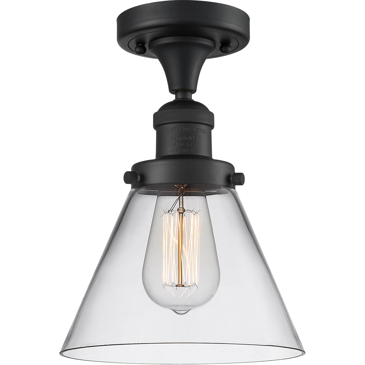 Innovations Lighting 517-1CH-BK-G42-LED Franklin Restoration Large Cone LED 7.75 inch Matte Black Semi-Flush Mount Ceiling Light in Clear Glass, Frank