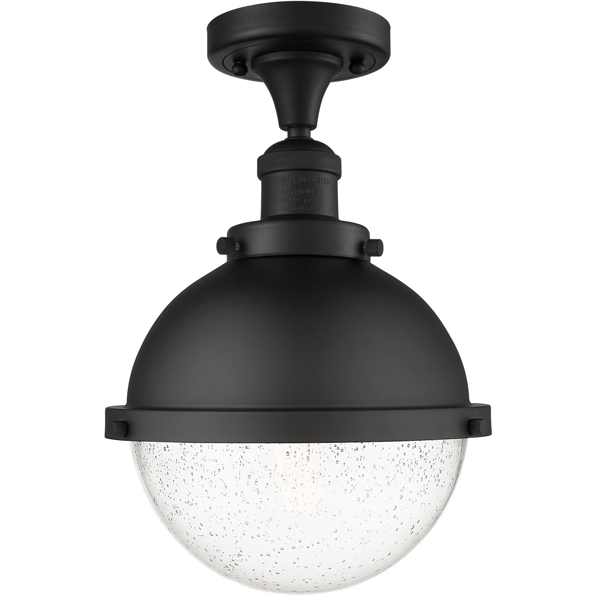 Innovations Lighting 517-1CH-BK-HFS-84-BK-LED Franklin Restoration Hampden LED 9 inch Matte Black Semi-Flush Mount Ceiling Light in Seedy Glass