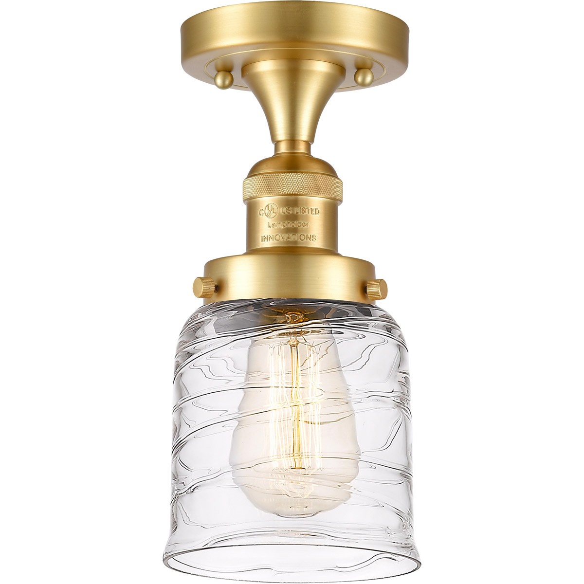 Innovations Lighting 517-1CH-SG-G513-LED Franklin Restoration Bell LED 5 inch Satin Gold Semi-Flush Mount Ceiling Light in Deco Swirl Glass