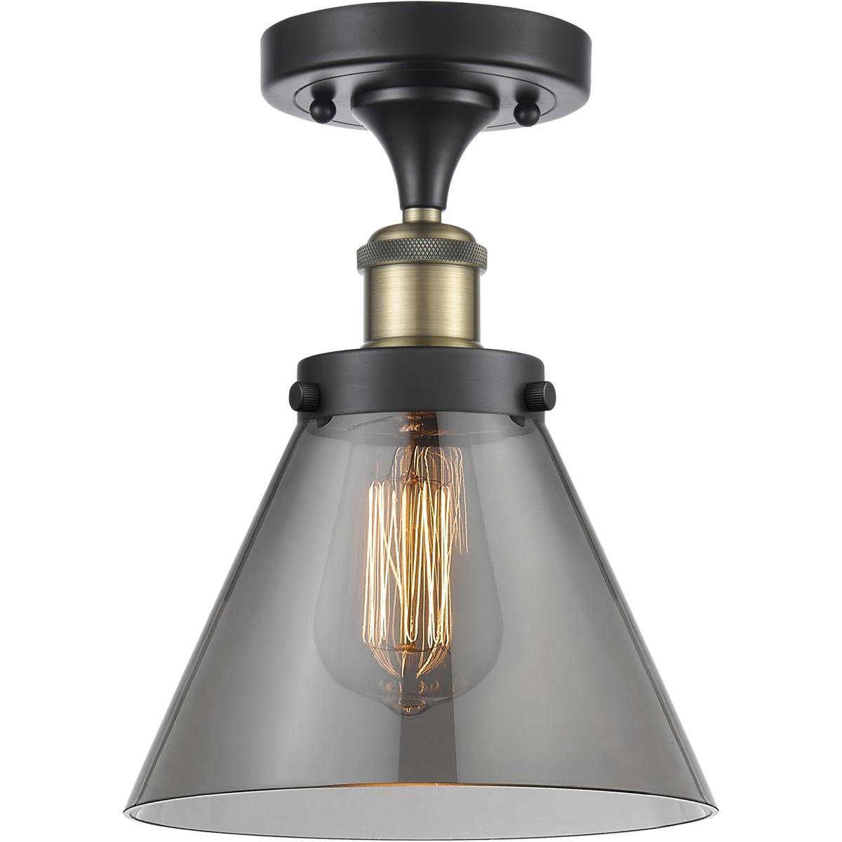 Innovations Lighting 616-1F-BAB-G43 Cone 1 Light 7.75 inch Black Antique Brass Semi-Flush Mount Ceiling Light in Light Smoke Glass, 8.25