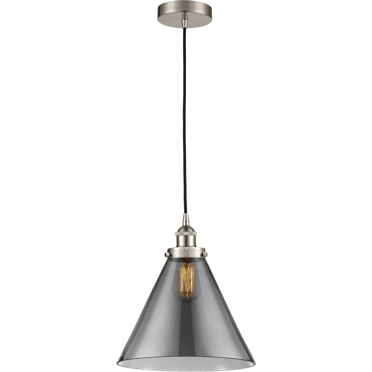 Innovations Lighting 616-1PH-SN-G43-L Edison Cone 1 Light 12 inch Brushed Satin Nickel Mini Pendant Ceiling Light in Light Smoke Glass