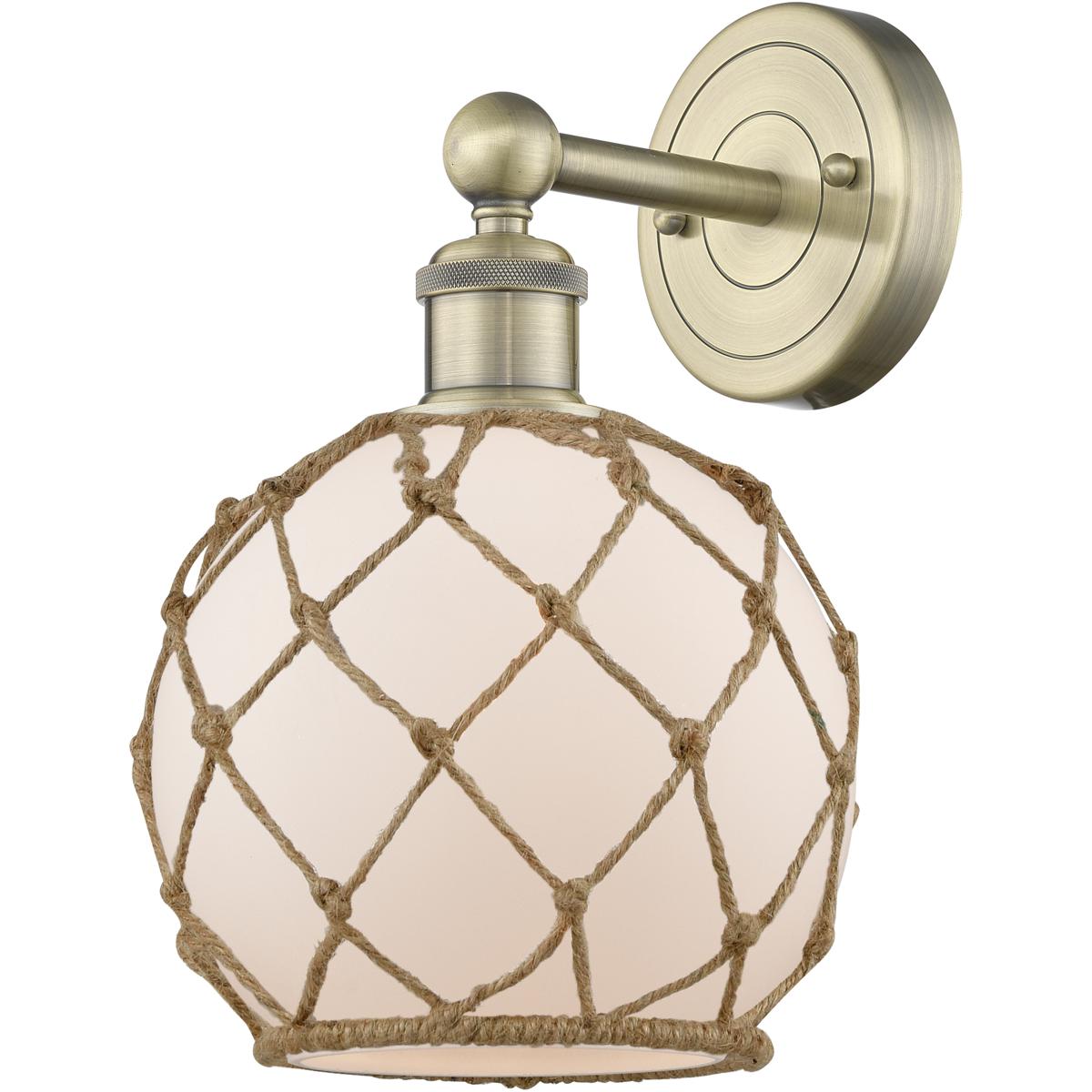 Innovations Lighting 616-1W-AB-G121-8RB Edison Farmhouse Rope Armed Sconce Wall Light in Antique Brass, White Glass with Brown Rope