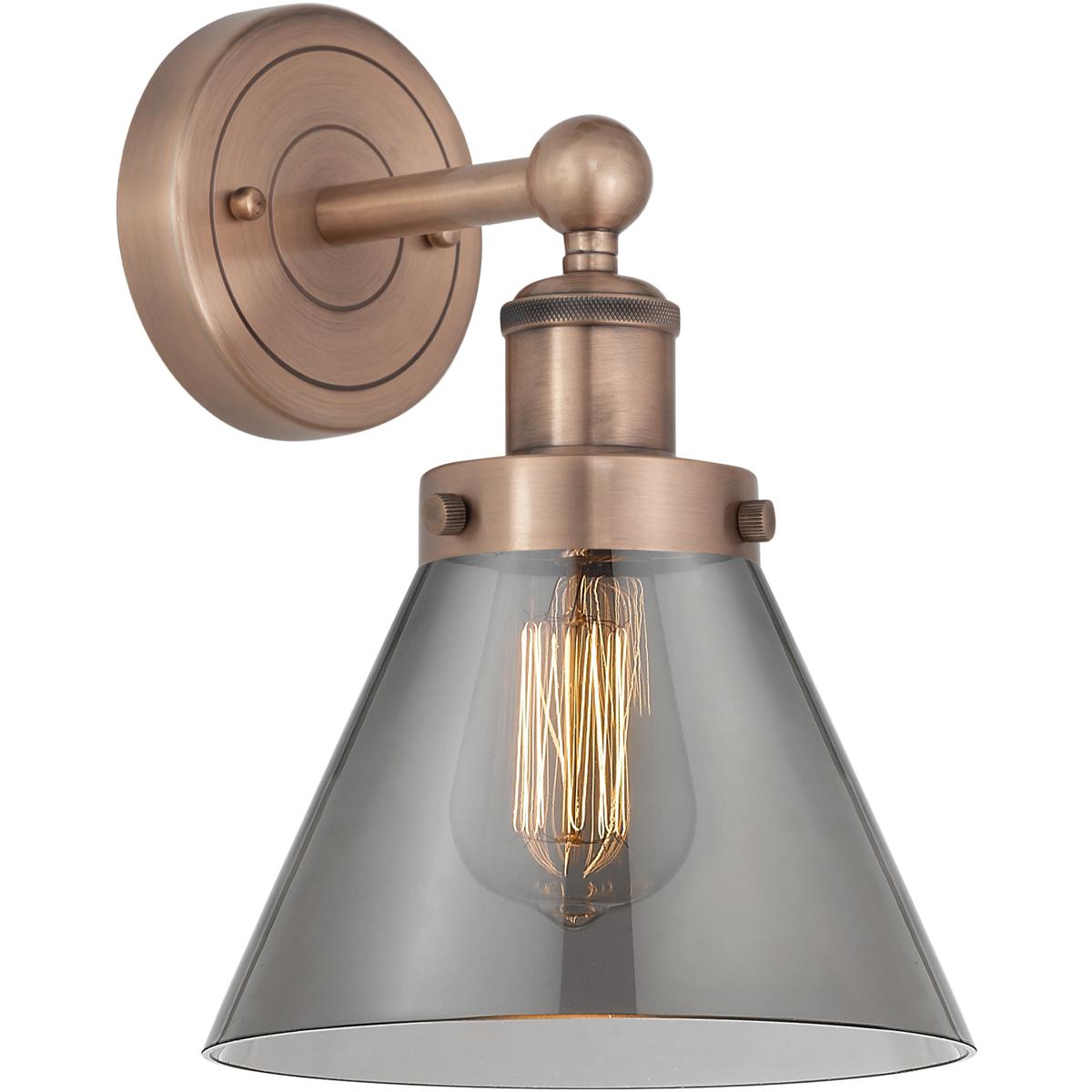 Innovations Lighting 616-1W-AC-G43 Cone 1 Light 7.75 inch Antique Copper Sconce Wall Light in Light Smoke Glass