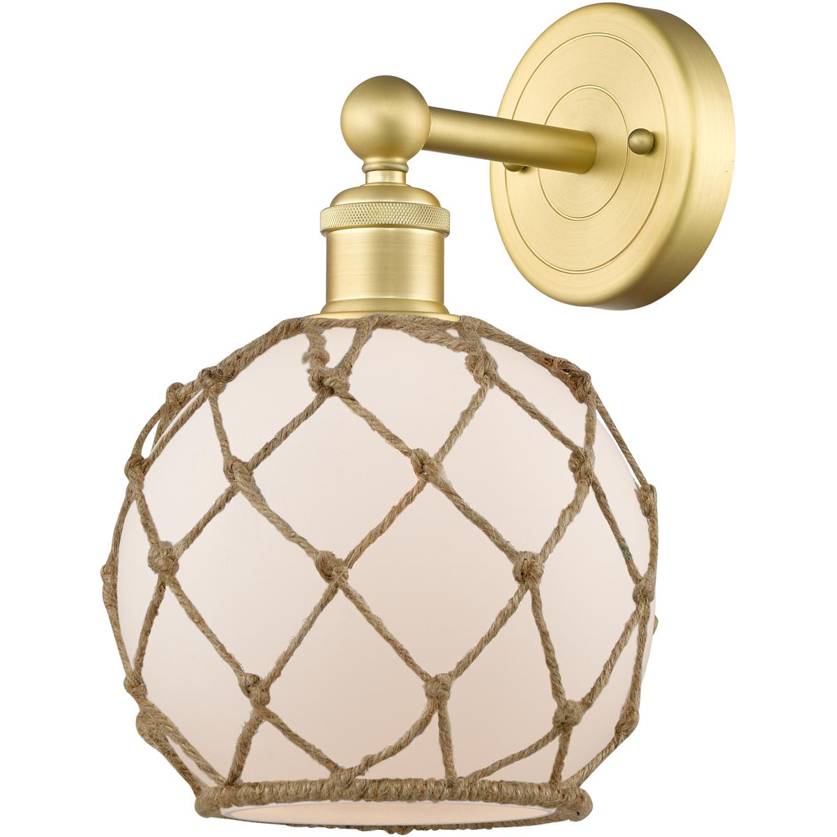Innovations Lighting 616-1W-SG-G121-8RB Edison Farmhouse Rope Armed Sconce Wall Light in Satin Gold, White Glass with Brown Rope