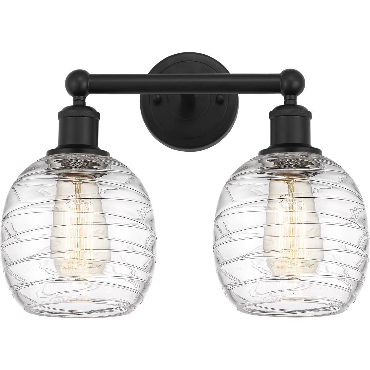 Innovations Lighting 616-2W-BK-G1013 Edison Belfast 2 Light 15 inch Matte Black Bath Vanity Light Wall Light in Deco Swirl Glass