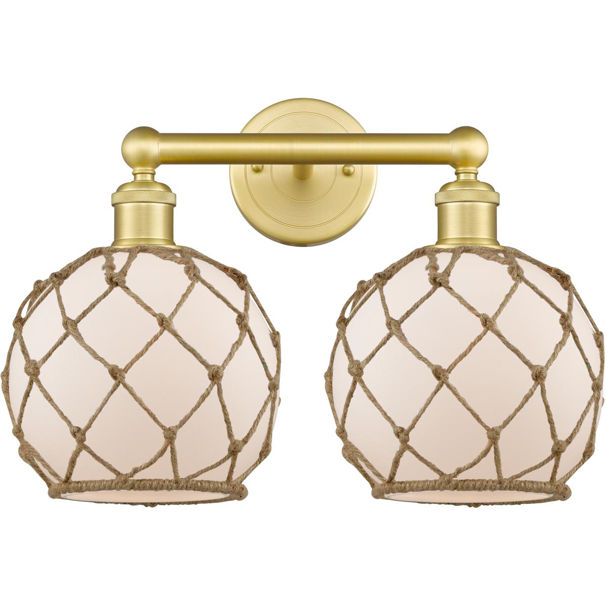 Innovations Lighting 616-2W-SG-G121-8RB Edison Farmhouse Rope 2 Light 17 inch Satin Gold Bath Vanity Light Wall Light in White Glass with Brown Rope