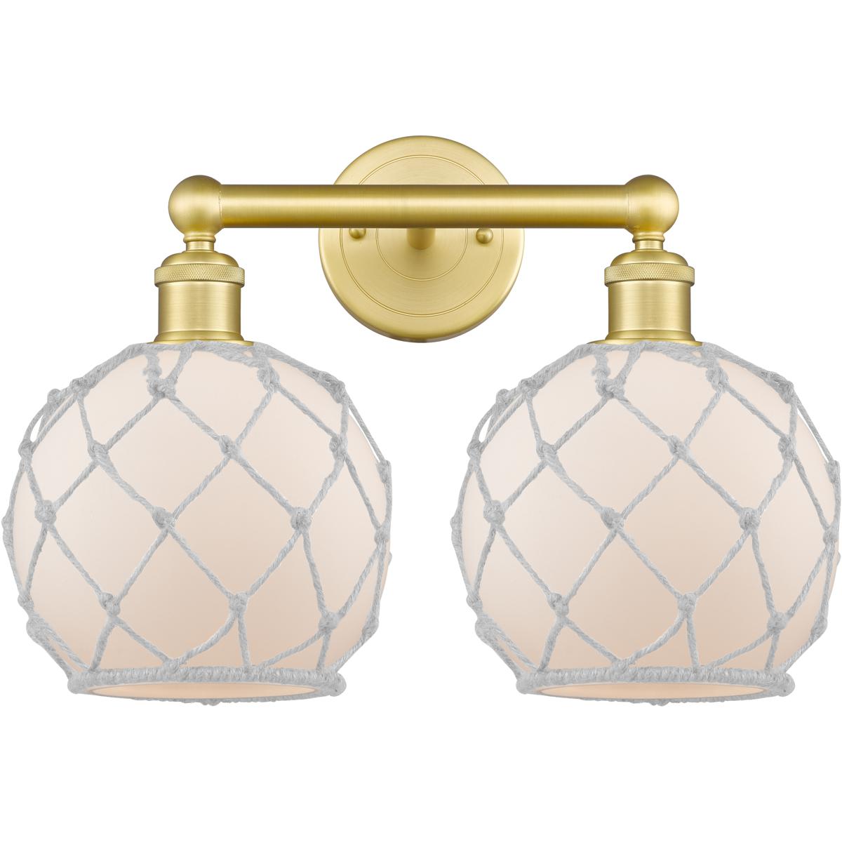 Innovations Lighting 616-2W-SG-G121-8RW Edison Farmhouse Rope 2 Light 17 inch Satin Gold Bath Vanity Light Wall Light in White Glass with White Rope