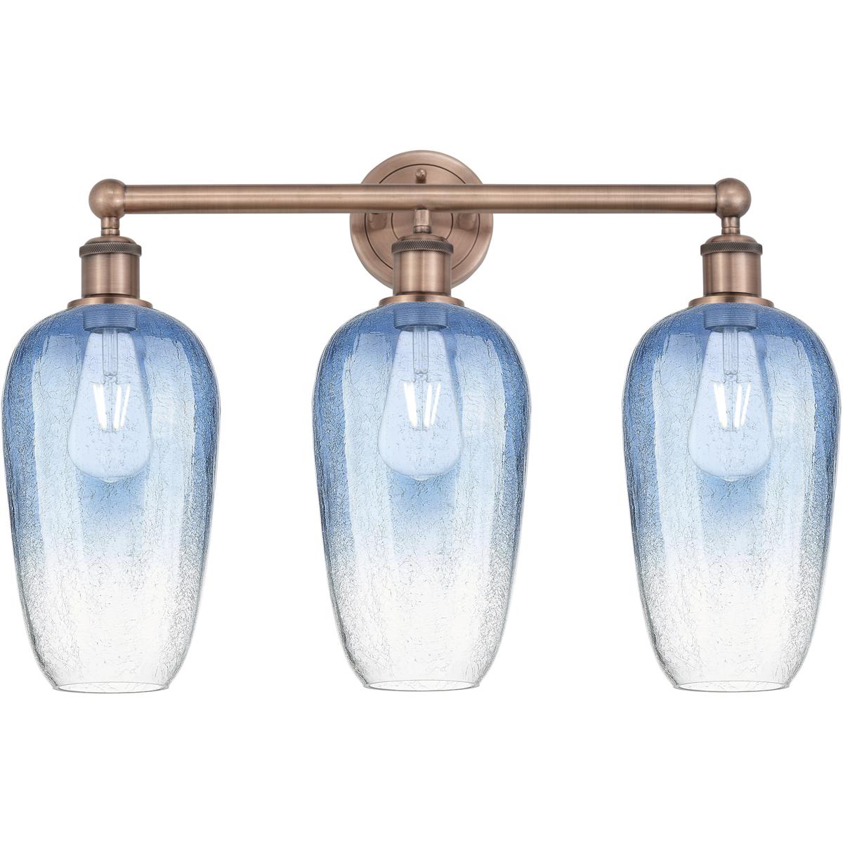 Innovations Lighting 616-3W-AC-G484-7SB Edison Brookhaven Flute 3 Light 25 inch Antique Copper Bath Vanity Light Wall Light in Sapphire Blue Glass