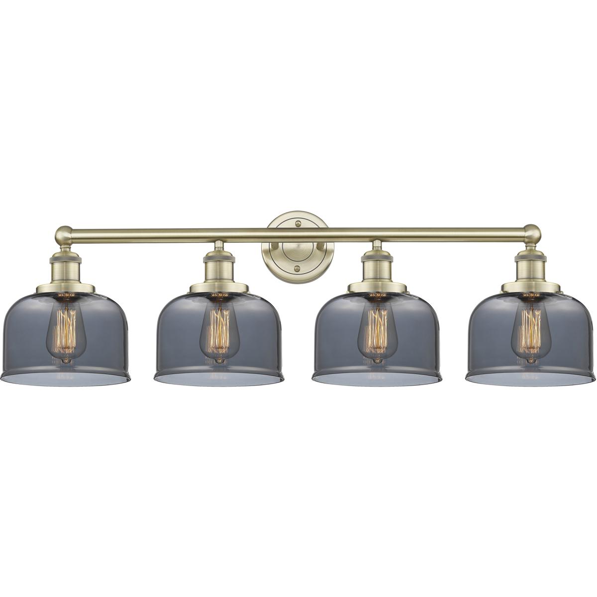 Innovations Lighting 616-4W-AB-G73 Bell 4 Light 33.5 inch Antique Brass Bath Vanity Light Wall Light in Light Smoke Glass