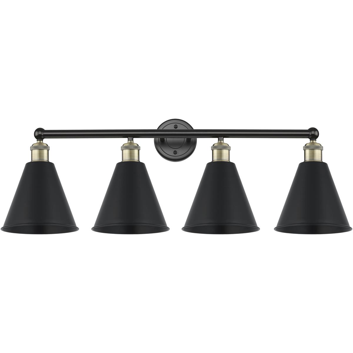 Innovations Lighting 616-4W-BAB-MBC-8-BK Ballston Cone 4 Light 35 inch Black Antique Brass Bath Vanity Light Wall Light in Matte Black