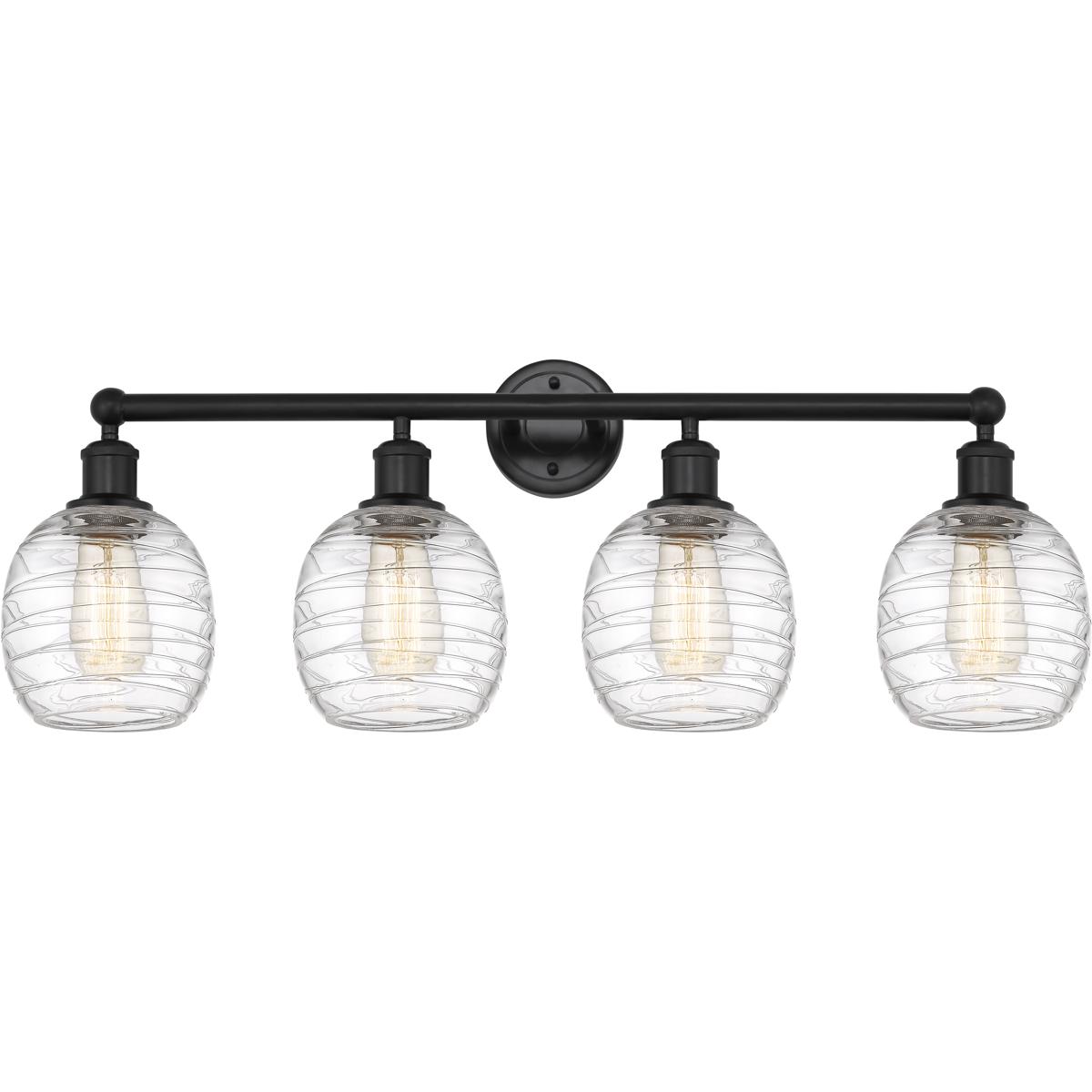 Innovations Lighting 616-4W-BK-G1013 Edison Belfast 4 Light 33 inch Matte Black Bath Vanity Light Wall Light in Deco Swirl Glass