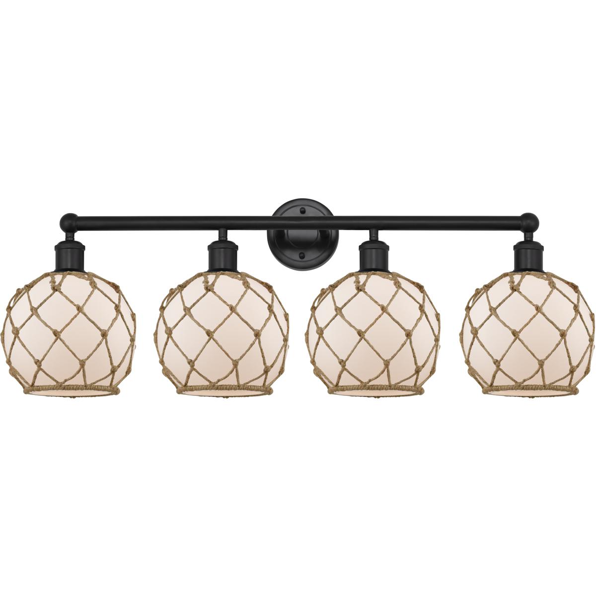 Innovations Lighting 616-4W-BK-G121-8RB Edison Farmhouse Rope 4 Light 35 inch Matte Black Bath Vanity Light Wall Light in White Glass with Brown Rope