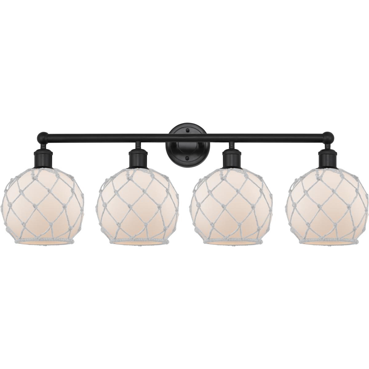 Innovations Lighting 616-4W-BK-G121-8RW Edison Farmhouse Rope 4 Light 35 inch Matte Black Bath Vanity Light Wall Light in White Glass with White Rope