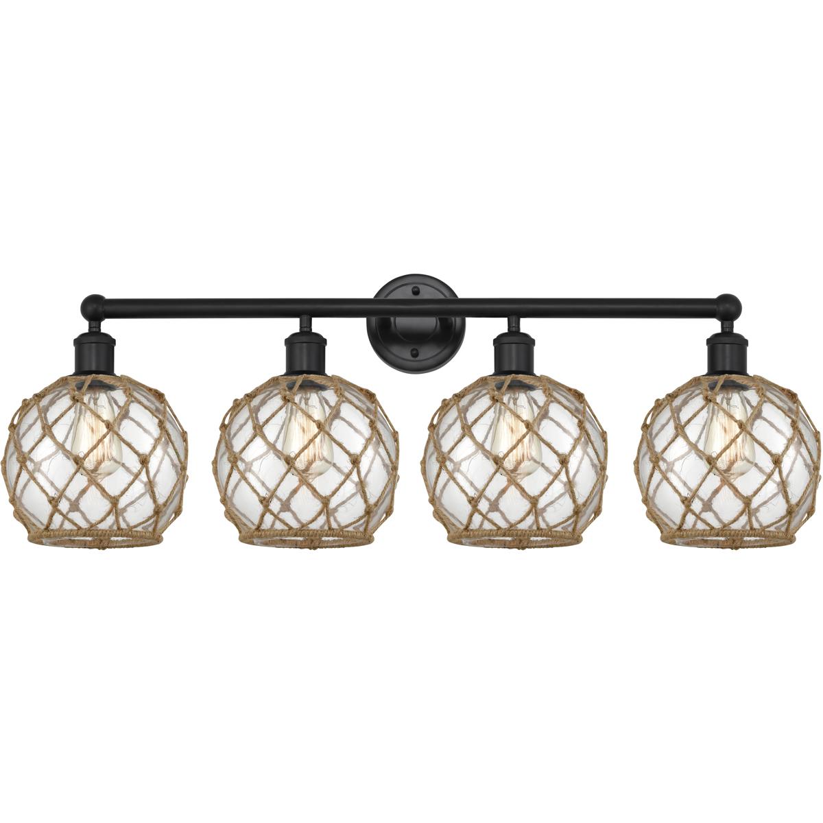 Innovations Lighting 616-4W-BK-G122-8RB Edison Farmhouse Rope 4 Light 35 inch Matte Black Bath Vanity Light Wall Light in Clear Glass with Brown Rope