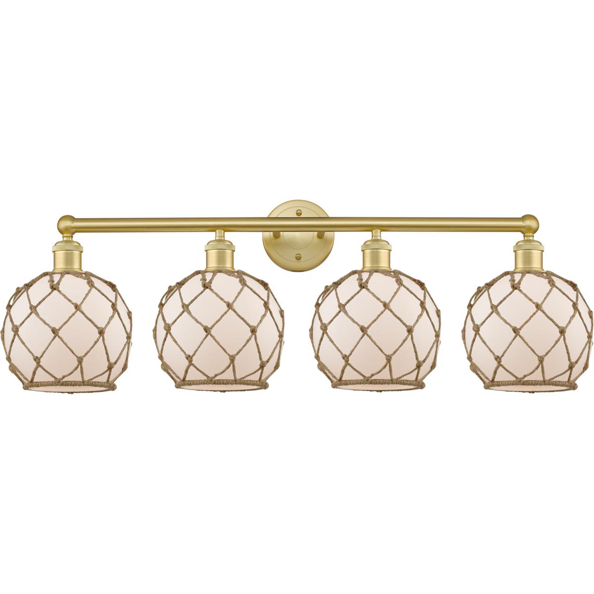Innovations Lighting 616-4W-SG-G121-8RB Edison Farmhouse Rope 4 Light 35 inch Satin Gold Bath Vanity Light Wall Light in White Glass with Brown Rope