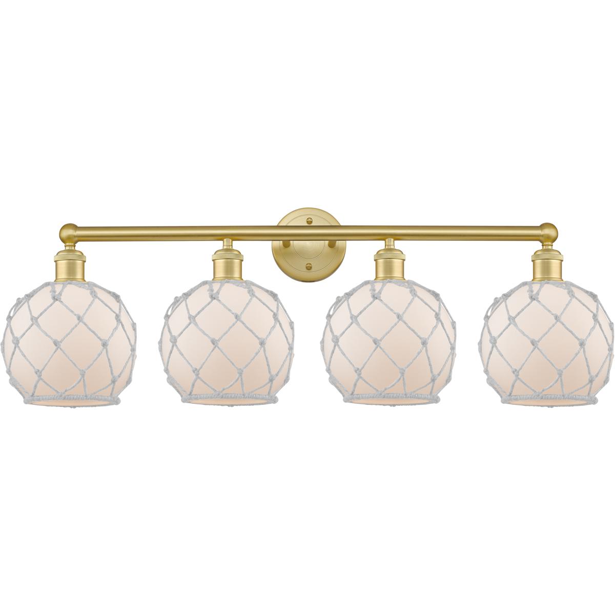 Innovations Lighting 616-4W-SG-G121-8RW Edison Farmhouse Rope 4 Light 35 inch Satin Gold Bath Vanity Light Wall Light in White Glass with White Rope