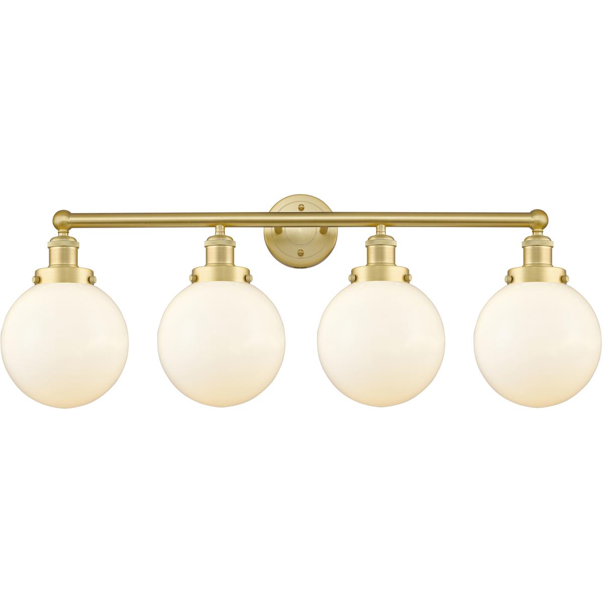 Innovations Lighting 616-4W-SG-G201-8 Beacon 4 Light 33.5 inch Satin Gold Bath Vanity Light Wall Light in Matte White Glass, Large