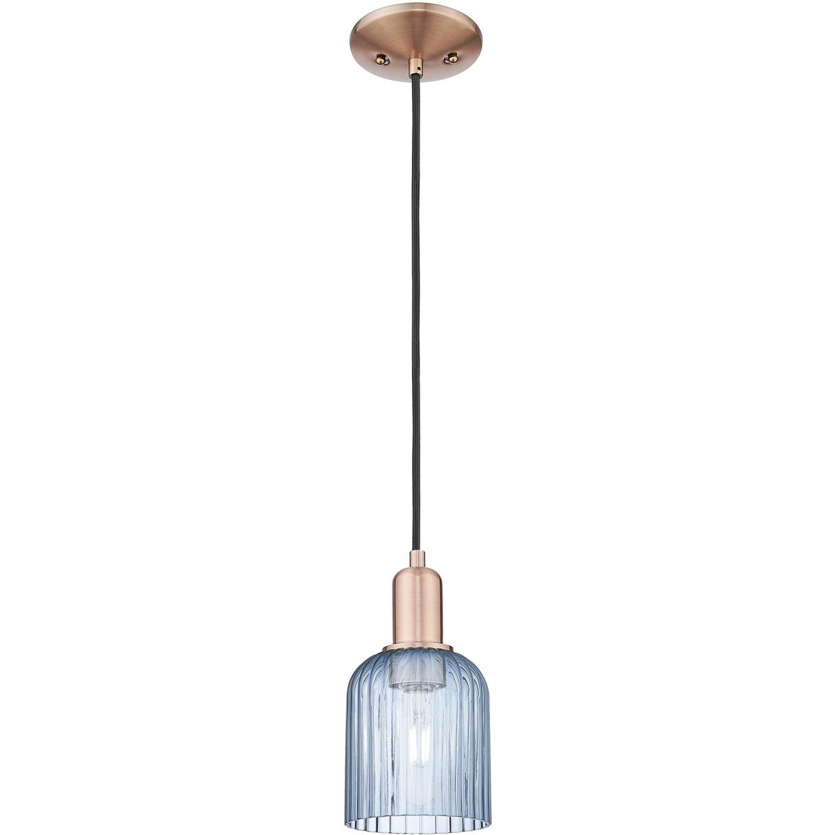 Innovations Lighting 716-1P-AC-G559-5BL Bridal Veil 1 Light 5 inch Antique Copper Mini Pendant Ceiling Light in Blue Glass