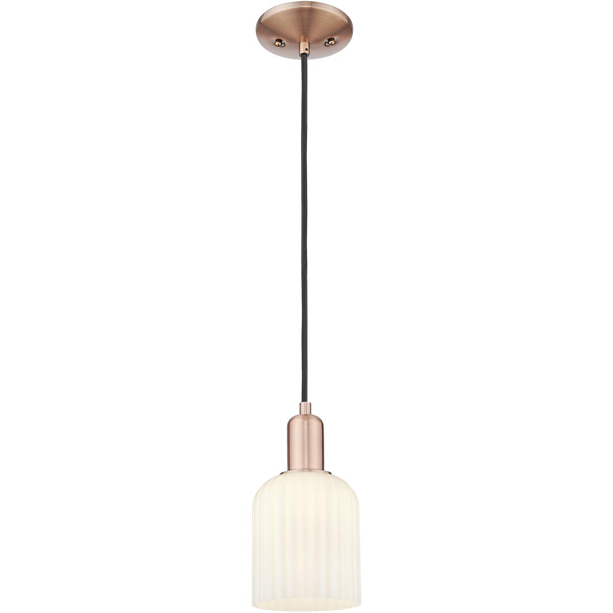 Innovations Lighting 716-1P-AC-G559-5GWH Bridal Veil 1 Light 5 inch Antique Copper Mini Pendant Ceiling Light in Gloss White Glass