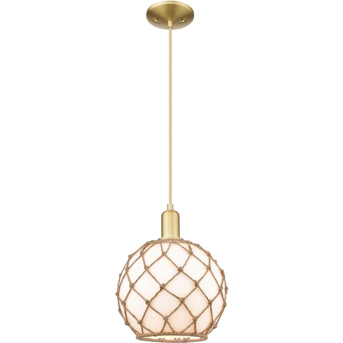 Innovations Lighting 716-1P-SG-G121-10RB Arcadia Farmhouse Rope 1 Light 10 inch Satin Gold Mini Pendant Ceiling Light in White Glass with Brown Rope