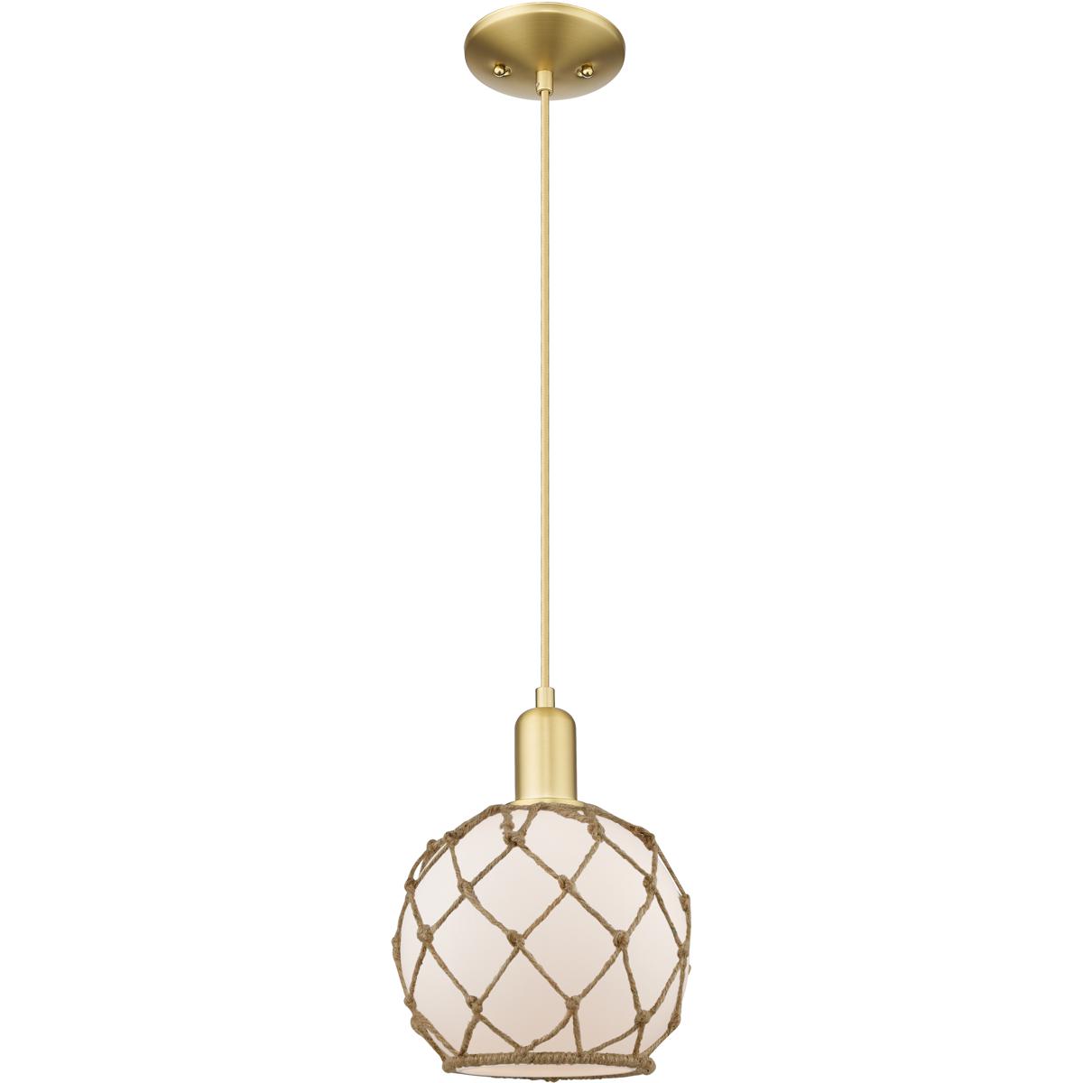 Innovations Lighting 716-1P-SG-G121-8RB Arcadia Farmhouse Rope 1 Light 8 inch Satin Gold Mini Pendant Ceiling Light in White Glass with Brown Rope
