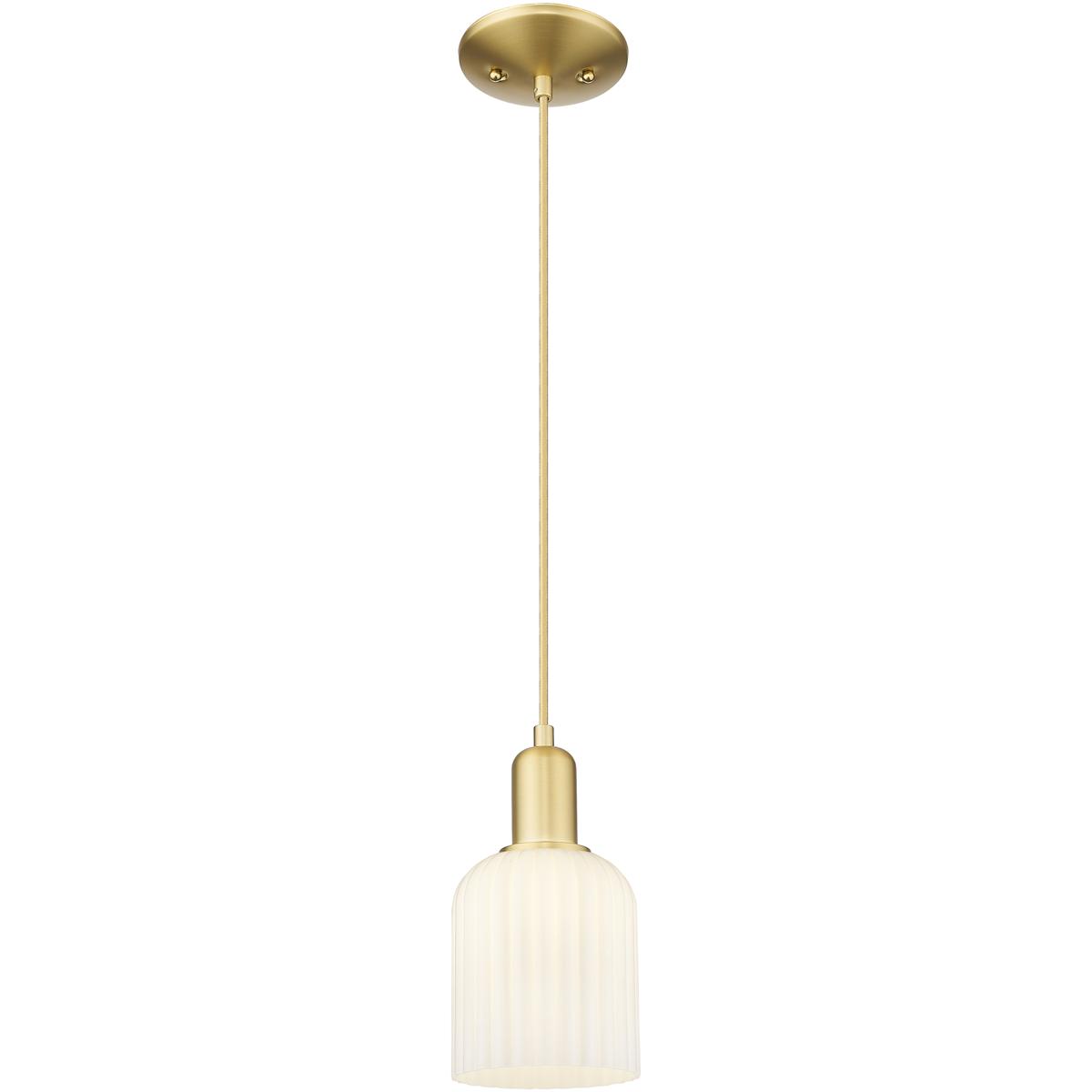 Innovations Lighting 716-1P-SG-G559-5GWH Bridal Veil 1 Light 5 inch Satin Gold Mini Pendant Ceiling Light in Gloss White Glass