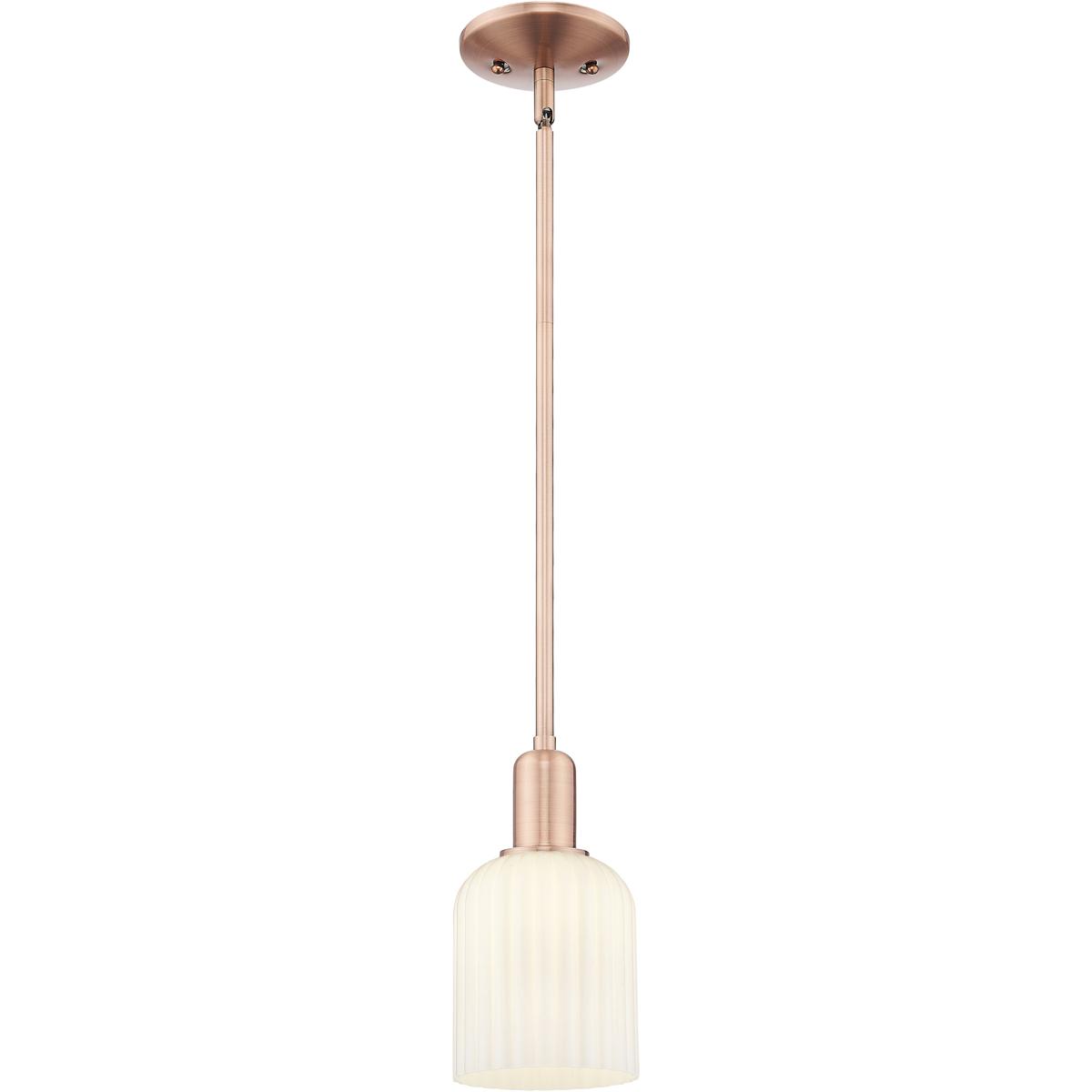Innovations Lighting 716-1S-AC-G559-5GWH Bridal Veil 1 Light 5 inch Antique Copper Mini Pendant Ceiling Light in Gloss White Glass