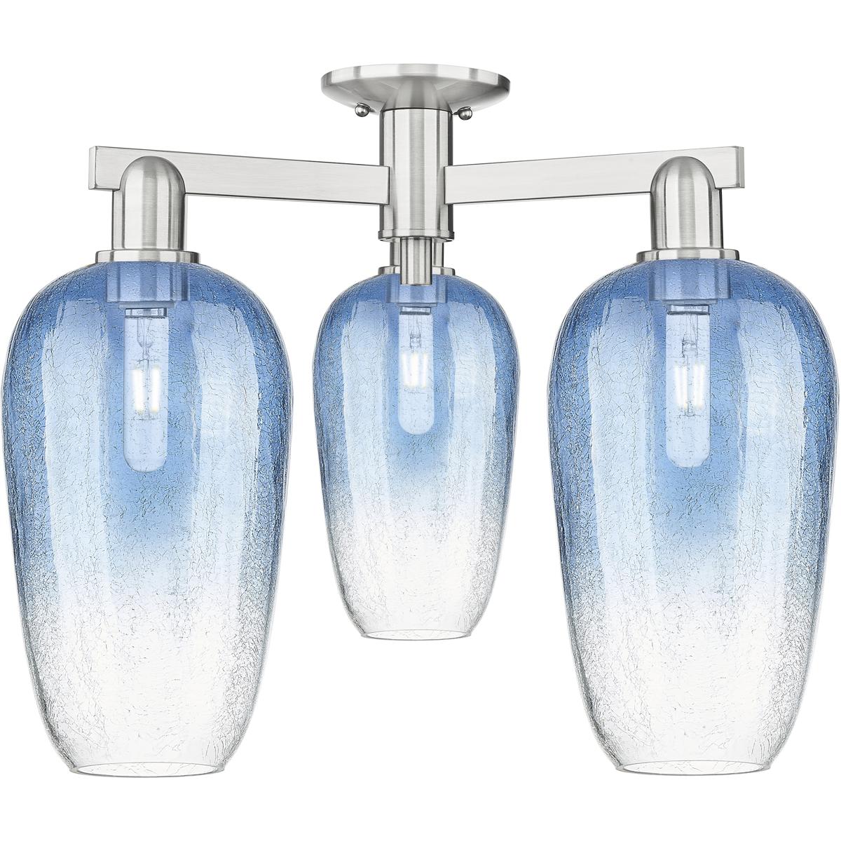 Innovations Lighting 716-3F-SN-G484-7SB Brookhaven Flute 3 Light 24.5 inch Brushed Satin Nickel Semi-Flush Mount Ceiling Light in Sapphire Blue Glass