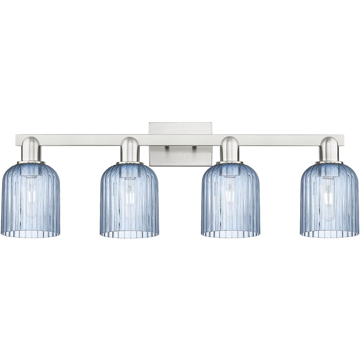 Innovations Lighting 716-4W-SN-G559-5BL Bridal Veil 4 Light 32 inch Brushed Satin Nickel Bath Vanity Light Wall Light in Blue Glass