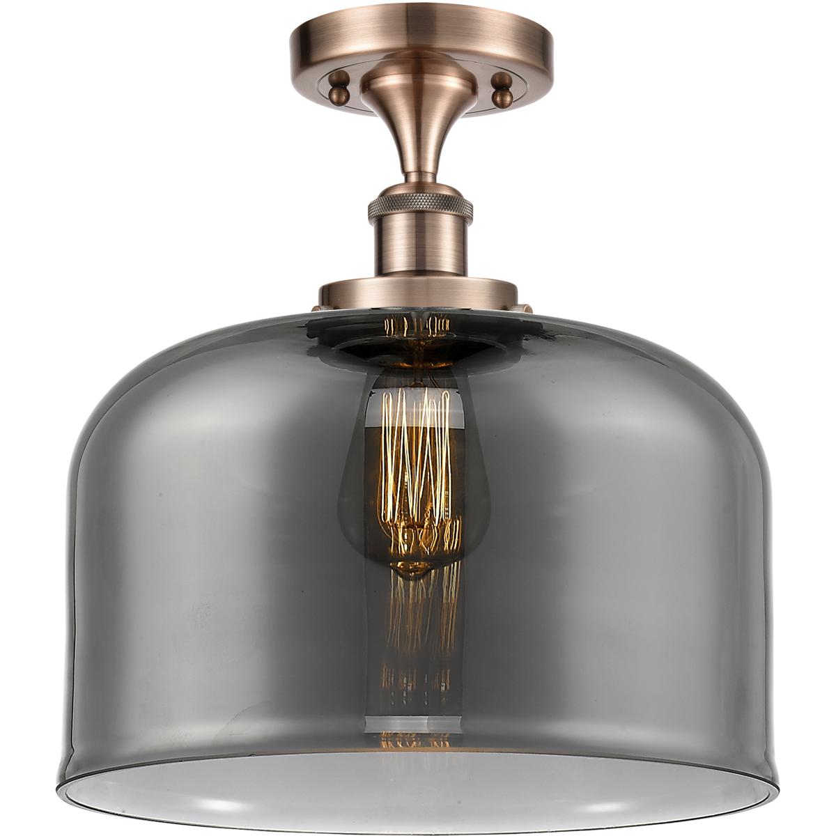 Innovations Lighting 916-1C-AC-G73-L-LED Ballston X-Large Bell LED 8 inch Antique Copper Semi-Flush Mount Ceiling Light in Light Smoke Glass